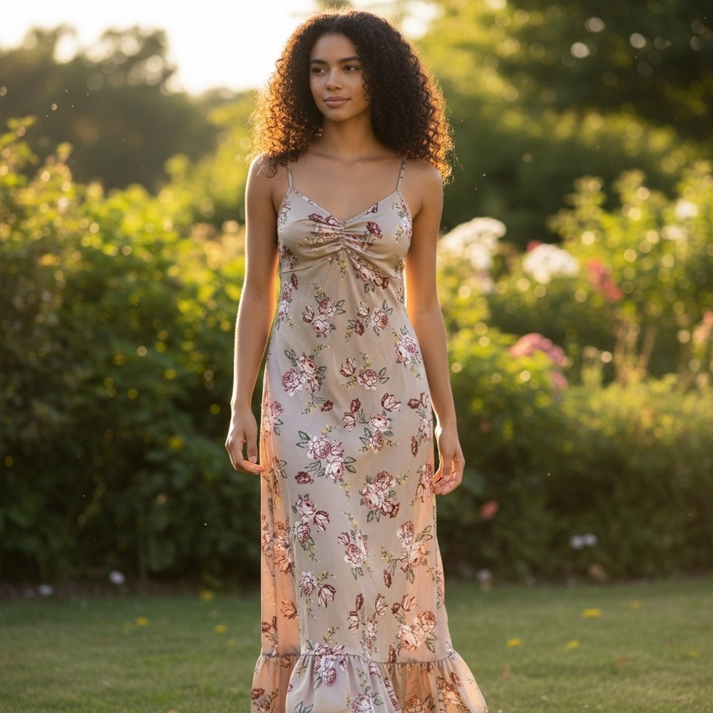 Cottagecore Floral Slip Midi Dress M Mauve Pink Ruffle Y2K Aesthetic Romantic